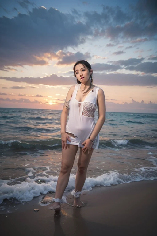 ten years young woam, tattoed arms, tattoed body, ringed tattoos, maori tattoos, short hair, brown hair, orange eyes, pink nipples, black skin, tropical body naked, orange underlights, large breasts, seaweed skirt, on a beach, sunset, 4k