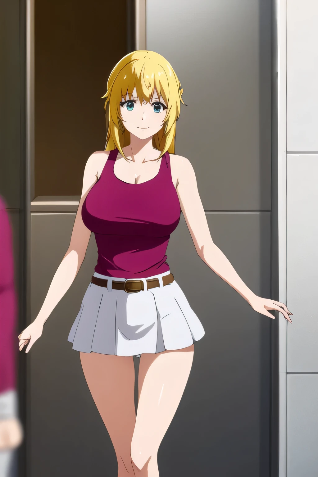 smile,Please Become Blonde。{{X}},Please draw her eXpression more delicately,walking alone, city tour ,,(((She's wearing casual tourist attire))), I have a SLR camera ,(Let's draw a more delicate look),(sleeveless wool sweater),( Pleated Legs,white panties),(That work is enough for one person {X} can you draw a competitive swimsuit)、 That alone is fine,Frown。unless work requires it。 {X}、 , An attractive 40-year-old adult woman is jumping out of her uniform, big black wavy hair, , Big Breasts, thin waist , , ,