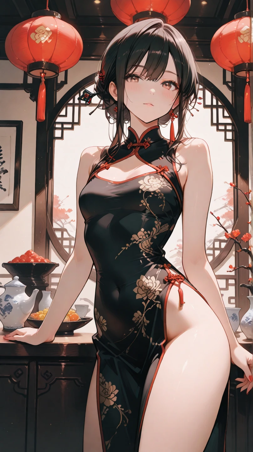 Please follow all prompts below exactly and faithfully. This is a breathtaking masterpiece of digital illustration, with maximum resolution, UHD, 512K, 2160p, 10 million ppi, 300 million dpi, natural color tones, ultra sharp details, perfect outlines with contrast, **most realistic skin and hair textures**, most beautiful detailed eye features, perfect anatomically correct human body, beautiful background with depth, rule of thirds, depth of field, Maximize all element is used to its full potential to create the best digital illustrations, looking back, from behind, 1woman, sexy:1.5, beautiful face sharp, elegant woman, perfect body style, slender, beautiful big breasts, green eyes, blonde hair, hair over one eye, short hair, glossy very thick lips:0.7, pink lipstick:0.7, smile, (Chinese clothes:1.5), ultra miniskirt:1.3, neckless:1.5, earring, bracelet, (open cafe:1.5),