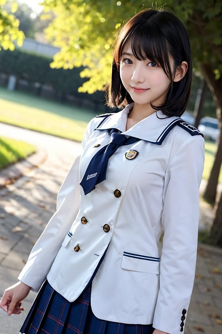 Highest quality, masterpiece, Realistic, RAW Photos, High resolution, Intricate details,Very detailed, Japanese Beauty, Attractive eyes, Straight hair, Bright smile, Asymmetrical bangs, Light brown hair, Bob Hair,  (A simple navy blue double-breasted blazer), (Six gold buttons), (White collared shirt), (Navy blue tie), (Navy blue tight skirt), Black pumps, Raise your right hand high in salute, firm and youthful breasts, background, harbor, blue sea, cinematic lighting, 8k, Full body photography
