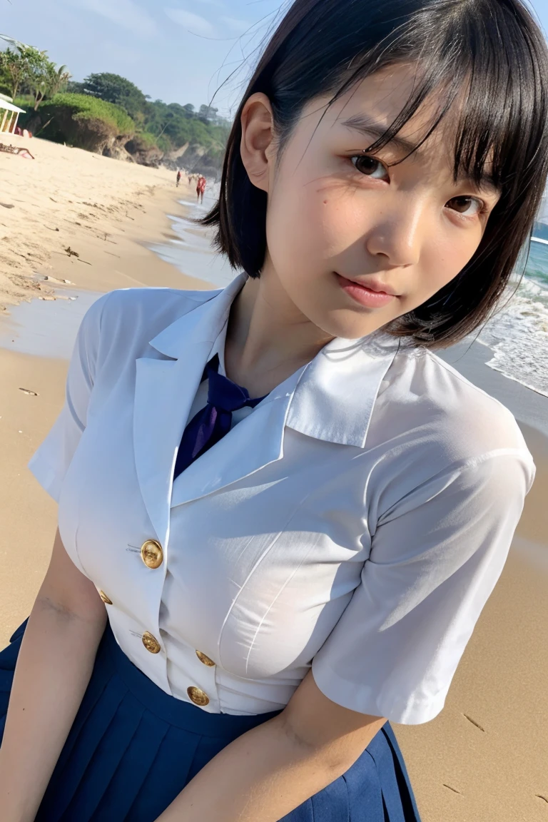 At a crowded beach、A competitive swimmer、Unbuttoning the uniform、Swimmer with exposed nipples and pussy spreads her legs wide、I'm not wearing underwear、Nothing to hide her nipples and pussy。