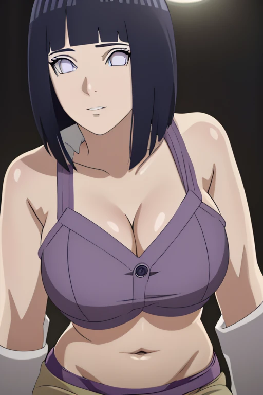 masterpiece, (intricate details), (colorful),cinematic lighting,extremely detailed CG unity 8k wallpaper ,hinata\(boruto\), 1girl,solo, large breasts, (hinata, hyuuga hinata, purple eyes, blunt bangs, black hair) big breasts, perfect breasts, large breasts, round breasts, huge breasts, black bra, bikini top, cleavage, bare shoulders, collarbone, underboob, close shot, portrait, headshot, white backdrop, perfect eyes, glowing eyes, beautiful eyes, black background, simple background, no background , top of head