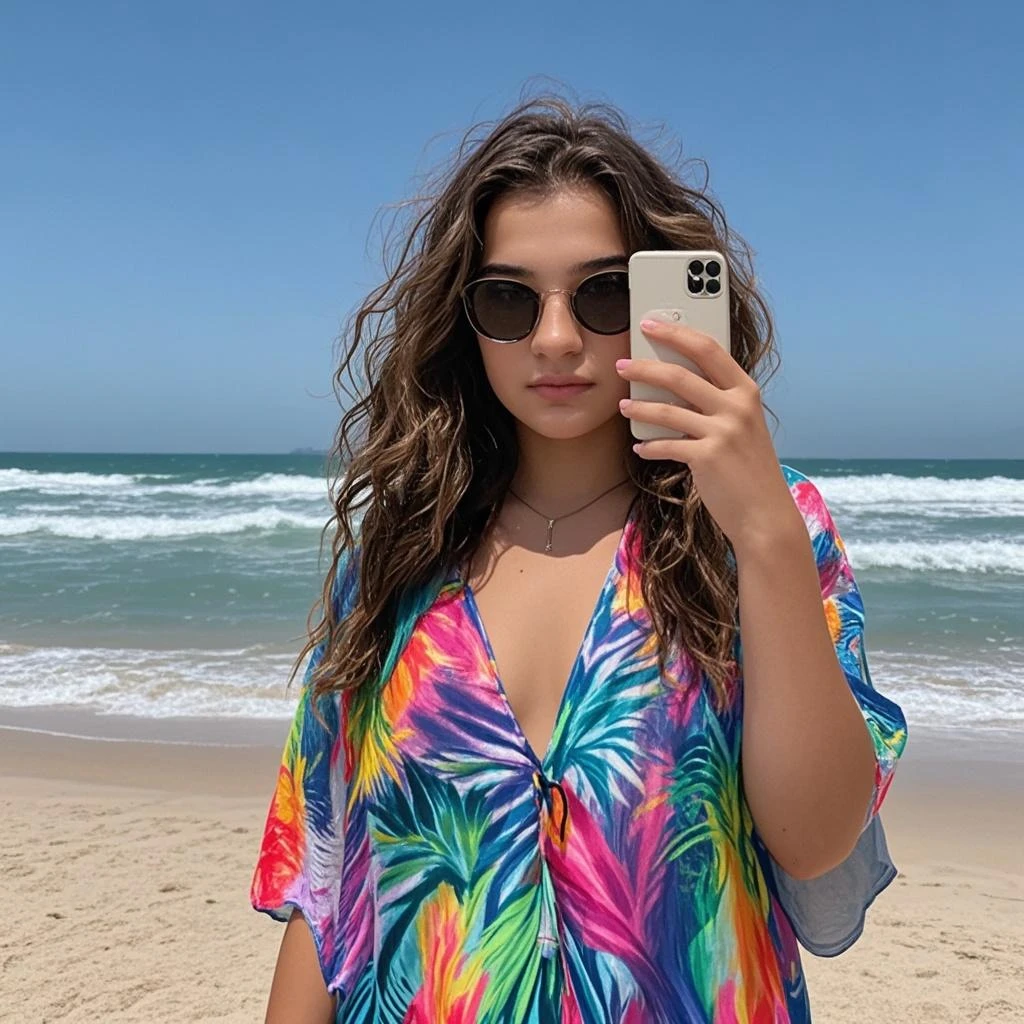 women, 25 years old, tanned-like skin, curly long hair, blue eyes, wearing a pink shirt, fish eyes camera, wearing white sweatshirt, taking a selfie on the beatch