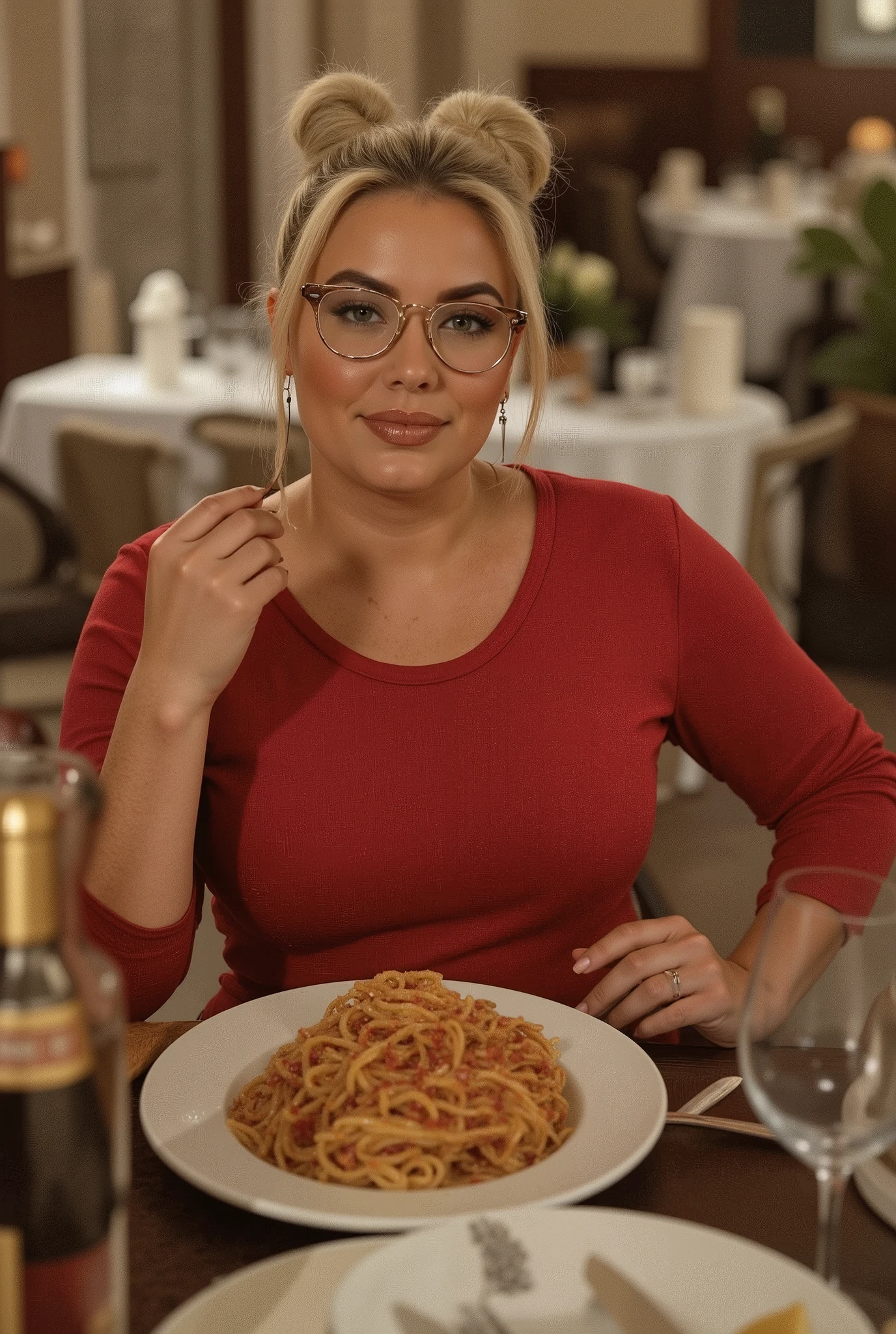 Masterpiece! UHD Pictured from front Chubby curvy woman with big and ass eats spaghetti, ultra realistic photo, smiling satisfied, her blond hair packed in two chignon above ears, with glasses, curvy, eating spaghetti in restaurant, glasses, cleavage, in fancy restaurant with vine glass and vine bottle in front, sexy curvy girl, her blond hair packed in two chignon above ears, barrel chested, sexy movie photo, buxom chested, very realistic, kate upton, A woman eats confidently spaghetti, in nice restaurant. She wears a red shirt and matching skirt, look satisfied. The lighting is warm, creating a warms atmosphere. The setting appears to be a fancy restaurant, she sits on the chair, in front of restaurant table. Have perfect makeup and perfect lips and wide hips