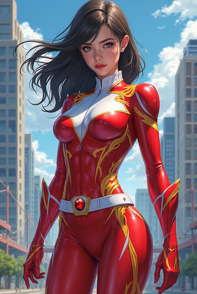 1girl, Stretcher the busty brunette comic book woman, long rubber hose arm, stretchy, elastic, elastigirl, masterpiece, beautiful, high quality, high definition, superb quality, highly detailed, insane detail, sexy pose, posing for cameras, running, happy, smiling, jogging, bouncing breasts, long hair, huge ponytail, slim, thin, athletic, womanly, rubbery, elastic woman, (white and red spandex, white and red legs, tight top), rubber body, brunette, ((huge breasts, slim waist)), city, heroic, cheerful, (bold nose, hawkish facial features),