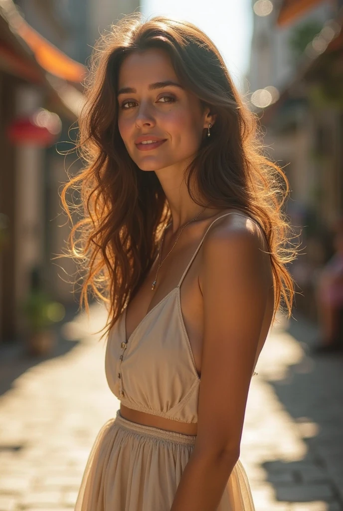 Arafed Femme portant une robe d'été fluide de couleur pastel avec des sandales en cuir, Fille sexy aux yeux verts, Portrait Sophie Mudd, cheveux bruns lisses et grands yeux, selfie d'une jeune femme en train de flâner dans un marché artisanal en bord de mer, sans maquillage, maquillage naturel, regardant directement la caméra, Cara avec Artgram, maquillage subtil, impresionante photo de corps entier, yeux verts perçants, bel angle, pose décontractée et joyeuse, mignon, pose naturelle, image du corps entier avec un arrière-plan parfaitement net et détaillé, déesse brune, détail élevé, pose satisfaite, entourée d'étals colorés, d'artisans, et d'une vue sur l'océan au loin. Assurez-vous que l'image est entièrement nette, sans flou, pour capturer tous les détails du marché et de l'environnement côtier.