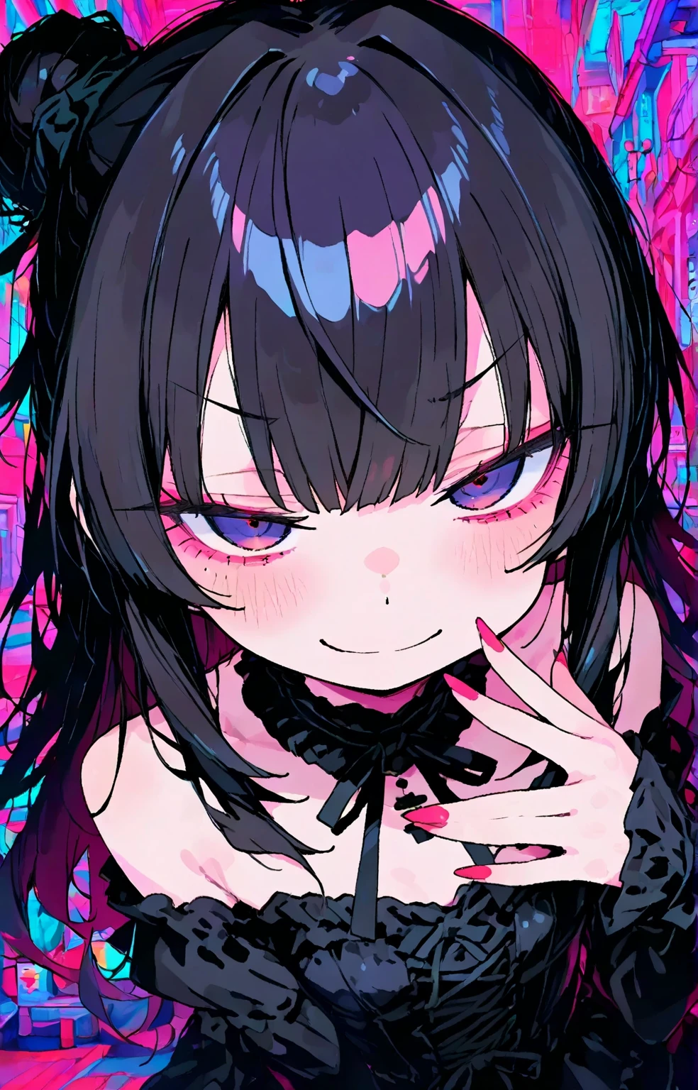 anime girl with black hair and piercings making a hush gesture, 1 anime goth girl, demon slayer rui fanart, Junko Enoshima, in an anime style, she has white eyes!!!, & his expression is solemn, Junko Enoshima de danganronpa, (anime girl), she has a nice expressive face, with the index finger