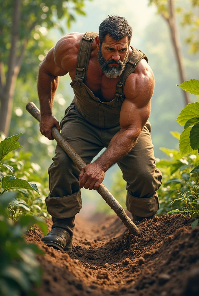 A white man, Celta, strong and 3 meters tall, working a hoe in a tobacco crop, the sun shines with a blue sky over the green mountains, tobacco appears with vigorous leaves
