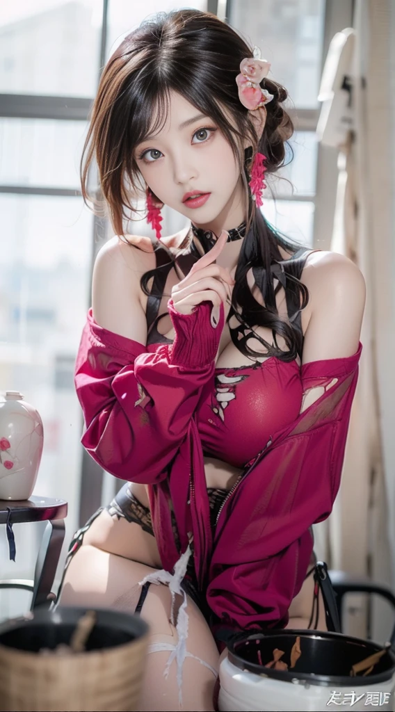Close-up, (neon, night view, Dutch angle, from above, strapless: 1.3), masterpiece, top quality, raw photo, photorealistic, off-shoulder, red lace dress, red choker, reddish-purple eyes, up, upper body, cleavage, face light, shiny skin, film grain, chromatic aberration, absurdity, high resolution, ultra detail, detail, detailed eyes and face, sharp pupils, realistic pupils, sharp focus, sexy inviting pose, crotch open