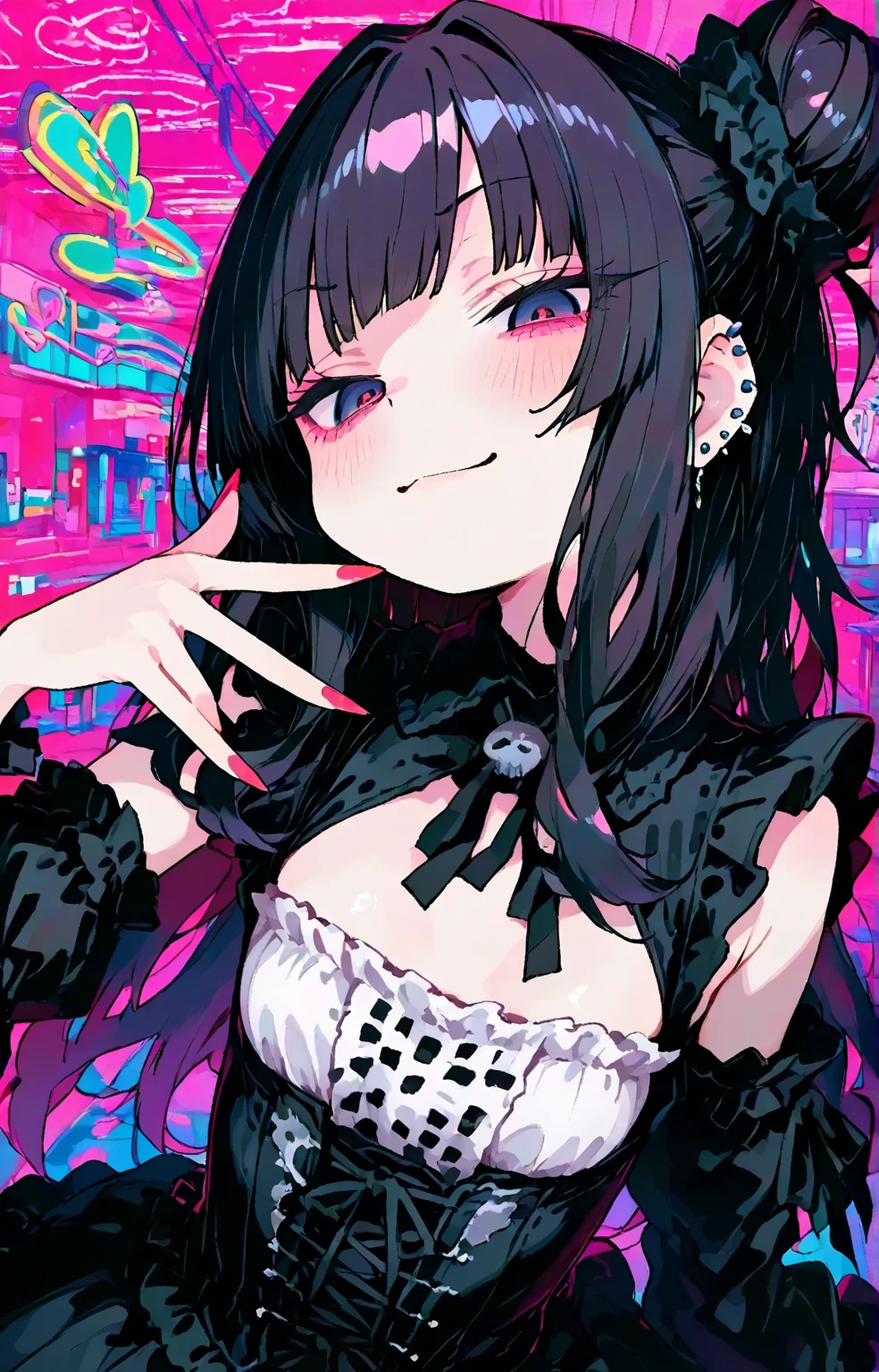 (Little Devil, Evil Beauty, Masterpiece, Top Quality, Best Quality, Seductive Expression, Lewdness, Laughter, Sticking Out the Tongue, Official Art, Beauty and Aesthetics: 1.2), (1girl: 1.3), Very Detailed, (Fractal Art: 1.1), (Color: 1.1) (Diamond: 1.3), Most Detailed, (Zentangle: 1.2), (Dynamic Pose), (Abstract Background: 1.3), (Shiny.) skin), (many colors:1.4), ,(earrings:1.4),