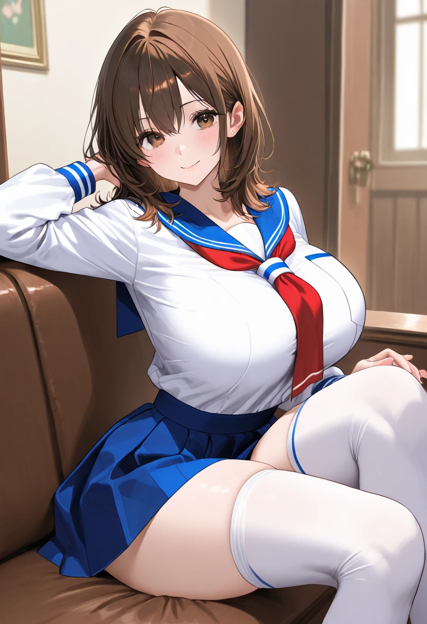 highest quality、complete limbs、one beautiful woman、((brown haired woman:1.3))、short hair woman、ponytail、big breasted woman、(White short-sleeved sailor suit-style leotard)、red tie、(((brown pantyhose:1.6)))、big smile、sexy pose、Sit on the sofa with your crotch open