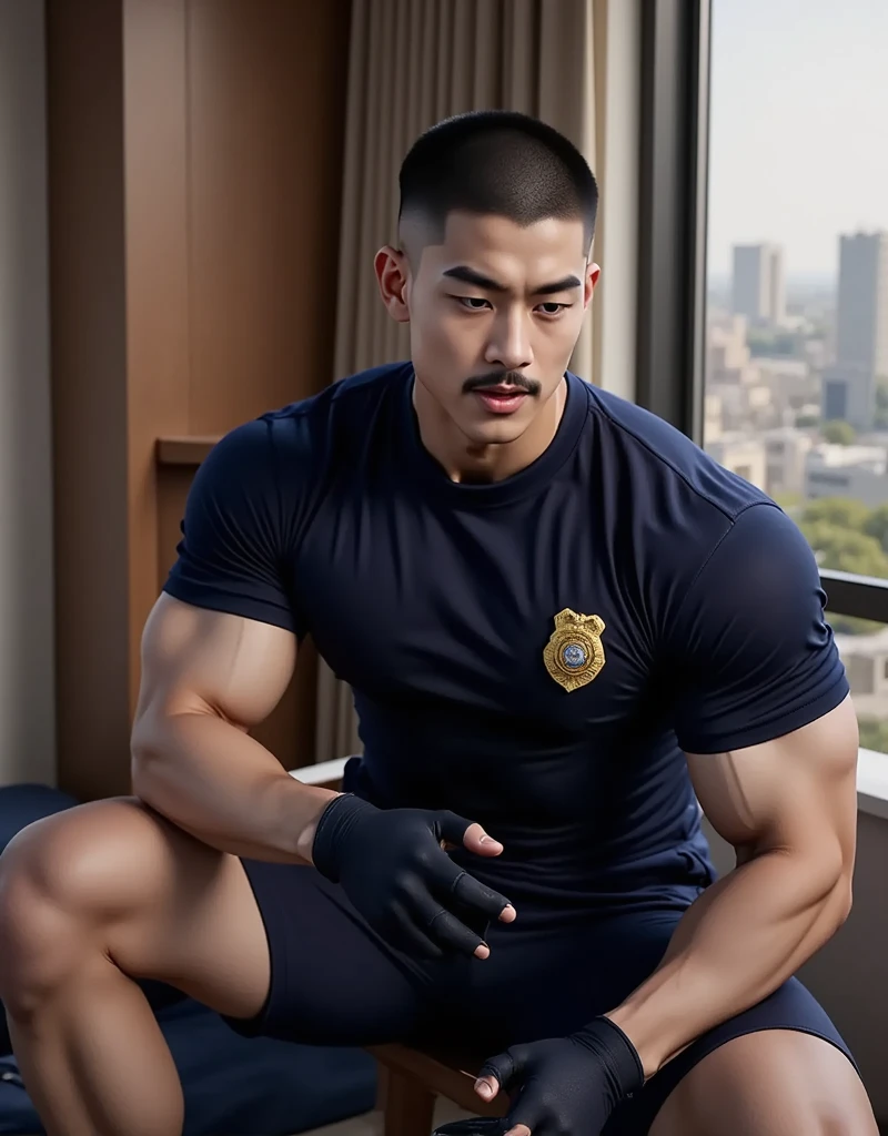 A criminal groping a police officer, 2 male in image, only male , only men , criminal torn police uniform , puffy nipples , fitness , NSFW , eroticism , police uniform are torned to piece on floor , full body , full body portrait, micro G-string thong , lewd , handsome