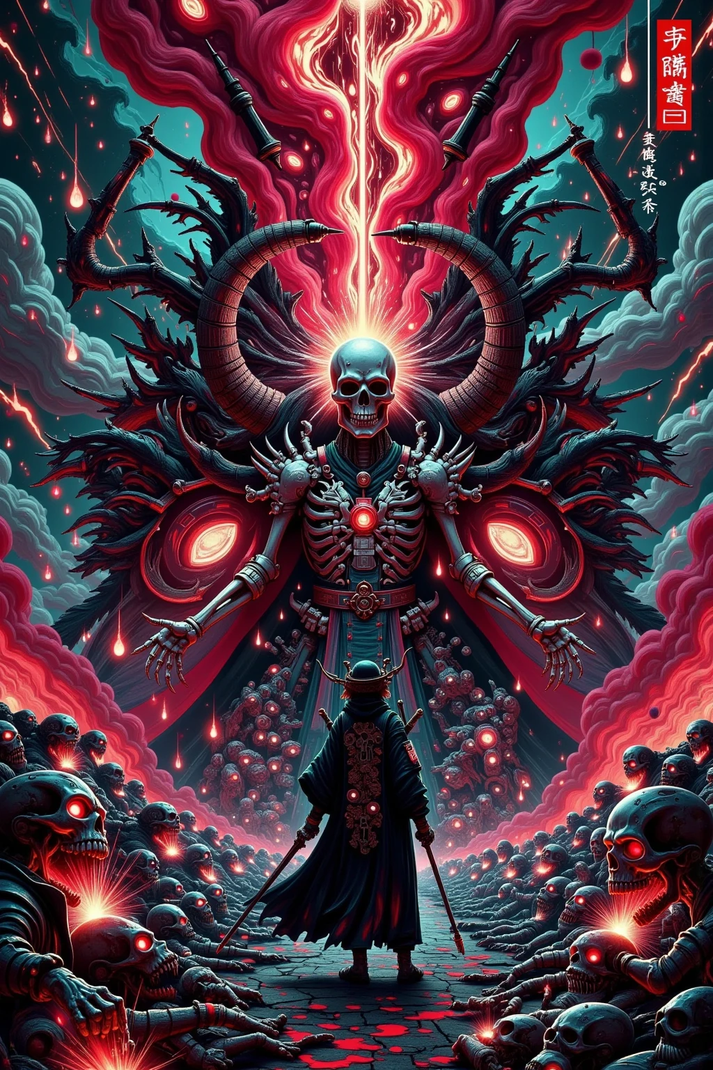 skull and lucifer talking to each other above a pile of corpses, fancy, intrikate, chic, highy detailed, centred, symetry, painted, intrikate, volumetric lighting, comely, masterpiece rich in deep colors, sharp focus, ultra detaild, in the style of dan mumford and marc simonetti, astrophotography
