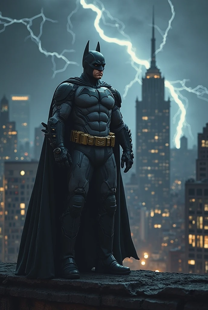 masterpiece, best quality, realistic,dynamic shot of Bat-Man,black cape,upper body DC universe cinematic, detailed face, 8k, uhd, sharp focus,Gotham City background,ruined city,Explosion everywhere,watfire everywhere,rain,fierce wind,Dust falling,at night