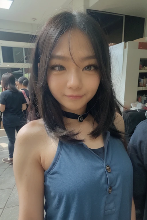 15 year old girl with medium length black hair, children's pigtails hair, Asian facial structure, happy expression, she wearing a sheer tight bussines suit, dog collar, visible nipples, marked nipples, she in a office,