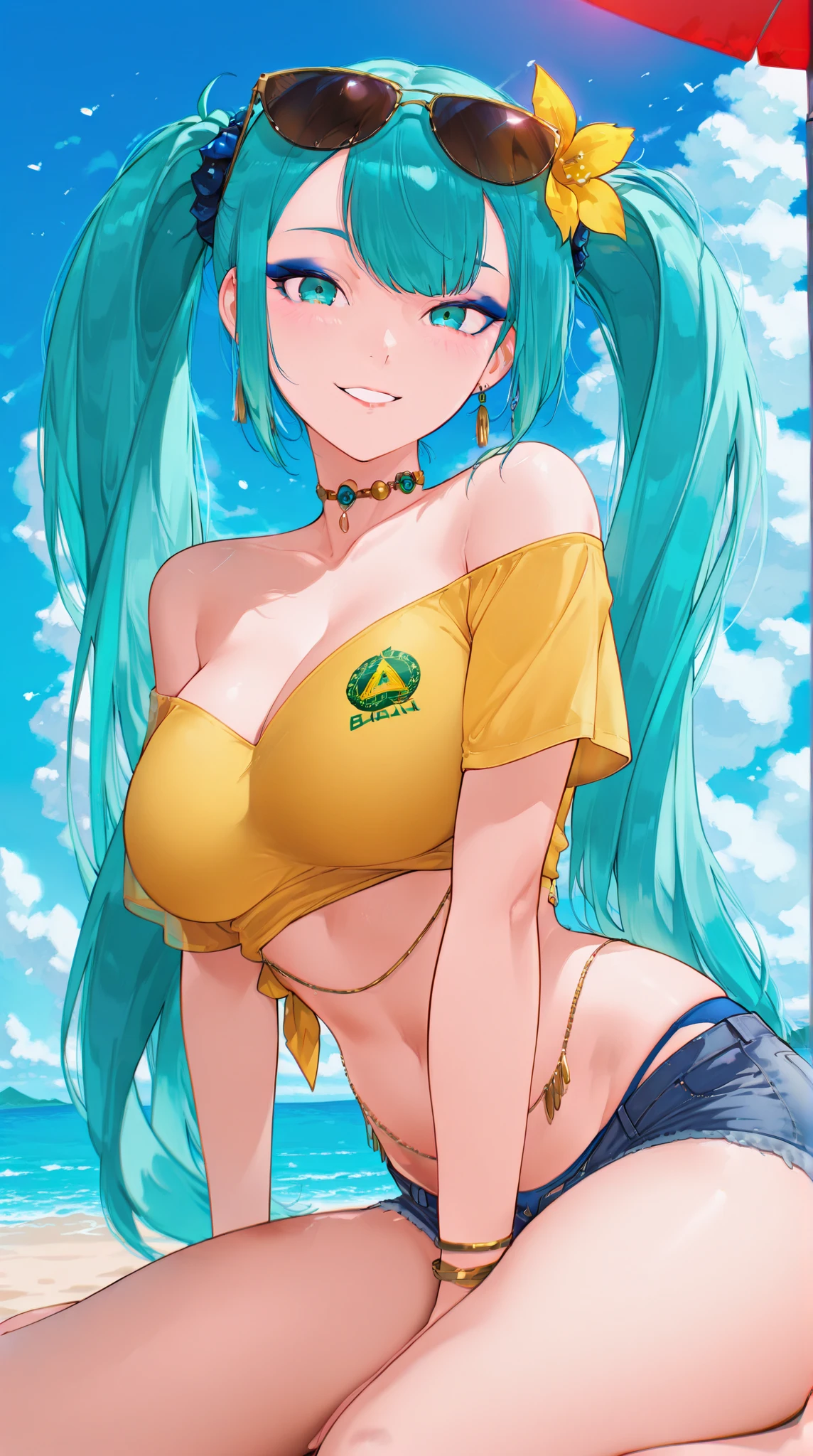 masterpiece, best quality, ultra-detailed, illustration, colorful, flat color, depth of field, 1girl, sona buvelle, anime, blue hair, twintails, blue eyes, pale skin, tight crop top, underboob, covered erect nipples, view from front, denim shorts, standing, at beach, at night, detailed skin texture, detailed cloth texture, beautiful detailed face, huge breasts, upper body, closeup