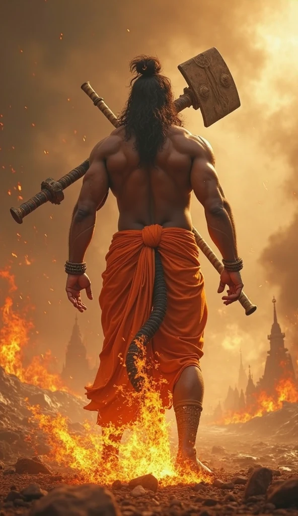 A muscular Indian warrior named Bheema, Mahabharata, captured from a distance in an evening post-war scene, holding a huge round mallet, backlit by a foggy and burning ruins, (best quality,4k,8k,highres,masterpiece:1.2),ultra-detailed,(realistic,photorealistic,photo-realistic:1.37),dramatic lighting,cinematic composition,epic fantasy,detailed muscular body,intense expression,Mahabharata,battlefield,dramatic smoke and fog,warm color tones,dramatic atmospheric lighting