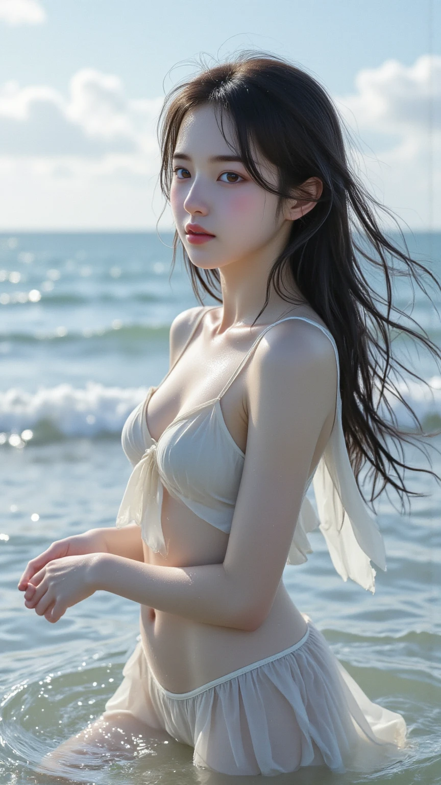 ((Highest quality)), ((masterpiece)) ,((one girl)), (detailed),((in the beach)), ((One girl)), ((nude)),(()),((flat chest:1.6)), (stare at viewer with stern eyes:1.5),((one girl)),(bitting own lip:1.1),(angry:0.9),nose blush,(shamefull:1.2),(bob cut hair),surprised, ((beautiful realistic face)),Beautiful Korean Women, Beautiful young Korean woman, Young and adorable Korean face, Gorgeous Young Korean Woman, Korean Girls, Girl cute beautiful face, Portraits of Korean female idols, Young and pretty Asian face, Cute natural anime face,Asian pretty face,((finely detailed face)),((glistening eyes)),((glistening eyes )),((large eyes)),(( pretty eyes)) ,(detailed),Perfect Face,((One girl)), ((clear eyes)),((show nipples)),((beautiful skin)), don't wear anything ,((show nipples)),(upper body),Showing her 