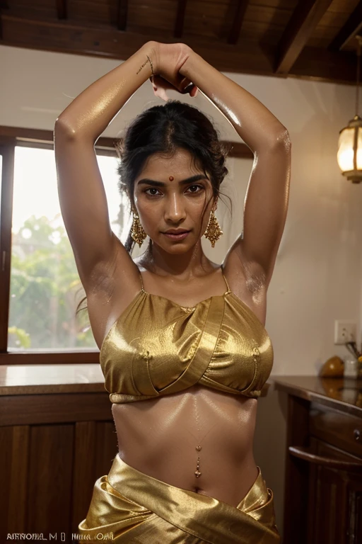 draw a smiling south indian woman wearing a bb towel blouse and gored skirt. her arms are up proudly revealing her dark, stubbly and unwashed armpit, that was not cleaned for 3 months. her hands are behind her head. add detailing to the dark, extremely dirty, discoloured, grainy and black stubbly armpits. her eyes are overflowing with energy, as she sweats profusely from her very discoloured and dark armpits. she has golden piercings on her navel and nose. her armpits have to be clearly visible and has to be extremely detailed with extreme dark armpit skin and stubble. she is covered in gold ornaments. the discoloration in her armpits should be extreme. her armpits have to be very dark and hairy.