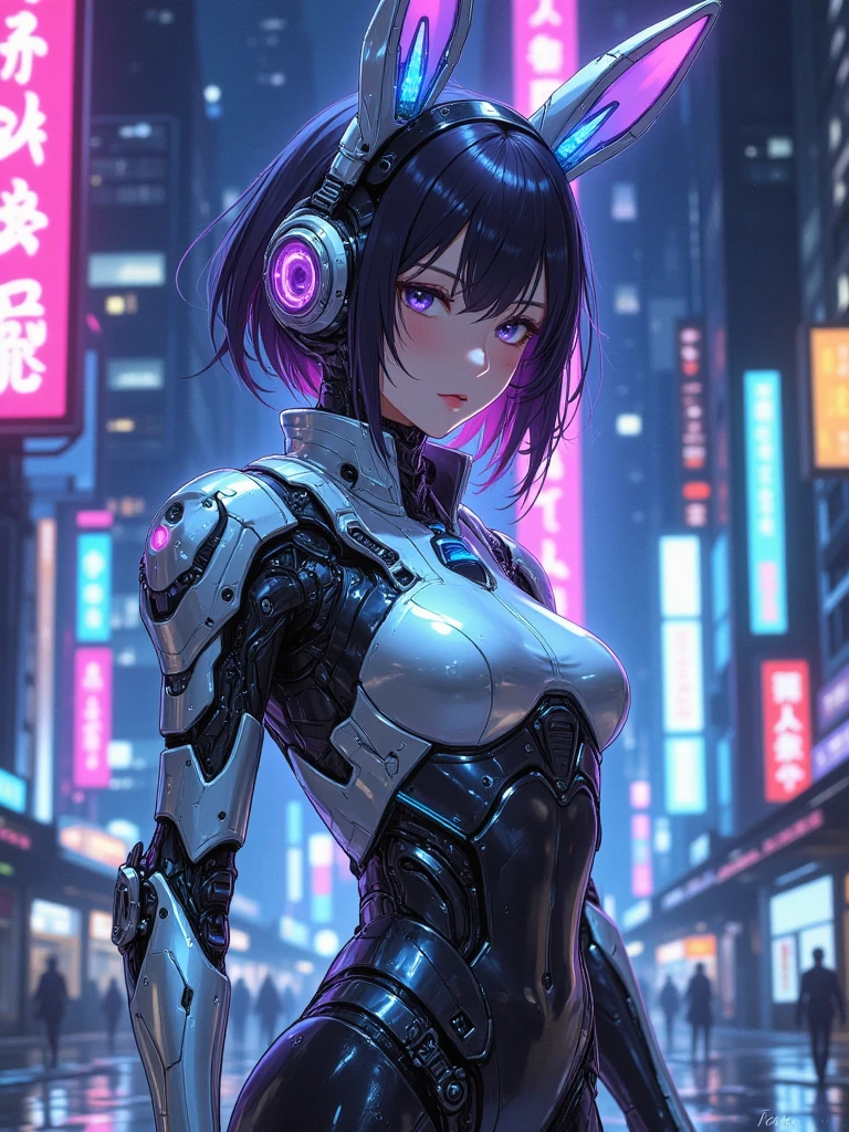 (An exquisite cyberpunk anime masterpiece illustration, showcasing an extremely delicate and beautiful cyber girl, with a very detailed and exposed face, accentuating her machine member, where tube connections subtly attach to her neck (1.2), accompanied by an intricate mass of wires and cables on her body. She is boldly dressed in a vibrant Harajuku tech jacket, adorned with a distinct logo, as she gracefully assumes a dynamic pose. Behind her stands a futuristic motorcycle, while the night sky, filled with smog, illuminates in the background – a true work of art and science fiction in hyper-detailed, ultra-high resolution (