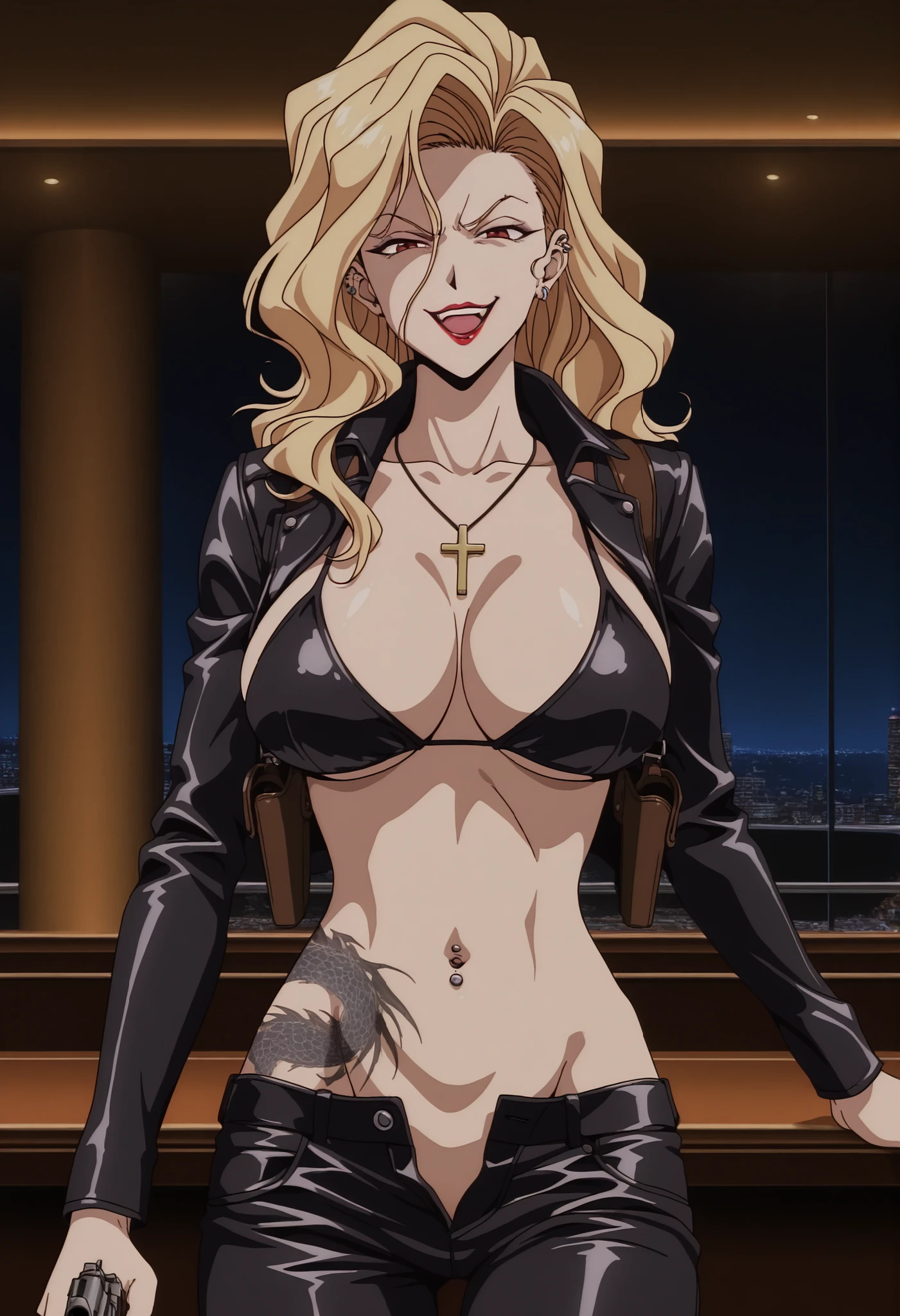 onna shachou, blonde hair,
1girl, solo,, ear piercing, long hair, , lipstick,Hot girl, baddie, smoking, sensual, attractive ,
cross necklace, shoulder holster,, ,bar background, inside bar,indoors, cityscape, casino, nightclub, city lights,masterpiece, best quality, highly detailed, a girls with a gun, evil smile , open mouth, sexy gaze, badass pose , evil smile, smile, (nsfw) not safe for work, guns blazing, anime girl with long hair, beautiful long haired girl, navel, evil expression, exposed belly, exposed navel, exposed midriff, exposed lower belly, long black pants, cleavage, unbuttoned leather pants ,open fly, low rise black leather pants, leather jacket, holding a gun, holding pistol, navel piercing , ,unbuttoned shirt, collared shirt, knot, pull_down leather pants,(show off panties,:1.2, no panties), pull_down long black pants, pull_down black leather pants, zip up leather jacket,bikini top,medium large breast ,looking at viewer , dragon tattoo on waist, narrowed eyes, tattoo on waist, anipai_style , anime screencap , anime coloring, v-shape eyebrows,