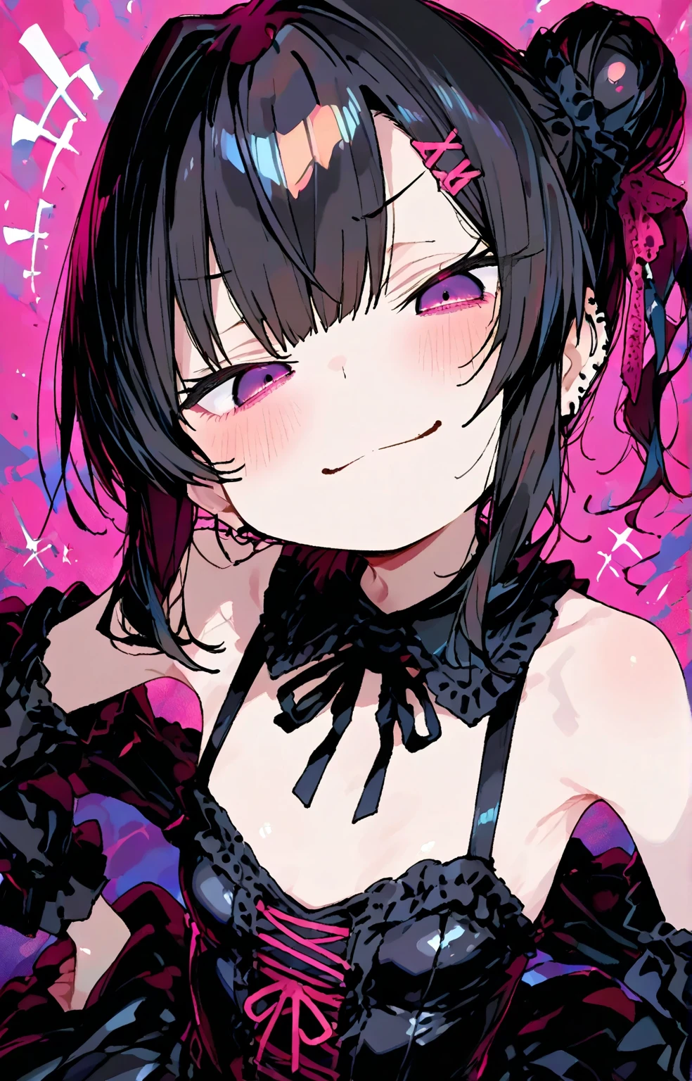 Hands behind back,side view,eye-level shot,face focus,open mouth,tongue out,lick,(1girl,Beautiful 16 year old girl),((Slender,Small breasts,Baby Face,Small face,)),looking at viewer,Black Hair,bangs,two side up,Gray Eyes,Drooping eyes,slit pupils,narrow eyes,Sheer black and pink negligee,Sexy Lingerie,Black collar with leash,Beautiful and detailed anime art,Mischievous smile,Dimly lit room,Simple Background,Gray background,Low lighting