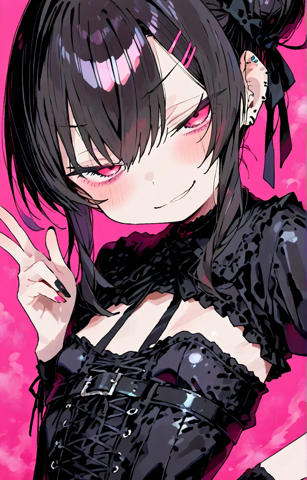 Kneeling,Straight Stand,Place your hands under your chin,handcuffs,finger to mouth,open mouth,tongue out,cum on tongue,1girl,((((12-year-old girl)))),Short,slender,small breasts ,front face,from front,front view,looking at viewer, looking down,(from above:2.0),cowboy shot,Black Hair,Short Twin Tails,Gray Eyes,Drooping eyes,slit pupils,narrow eyes.Mischievous smile,Sheer black and dark pink negligee,Sexy Lingerie,garter,Collar with leash,Dimly lit room,Gray wall,On the bed,Dim lighting,Beautiful and detailed anime art