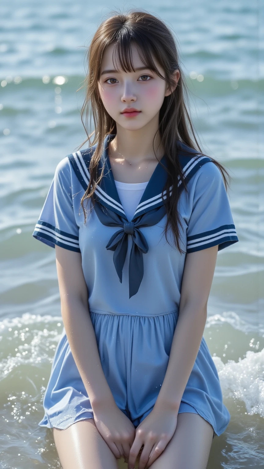 1girl,(((Frontal bust shot angle))),Wide open chest、(((Okinawa ocean)))、(((White sand beaches in Okinawa)))、8k UHD、Digital single-lens reflex camera、High resolution、Shallow depth of field、Natural light、(((Sailor suit)))、(((navy blue super mini skirt)))、(((Full body photography)) )、Small person、(((Young face)))、1 Japanese female、14 years old;beautiful girl、(Black Hair)、A strong wind blows up my skirt、(((Brown eyes)))、Glowing Skin、Smooth Thinning Hair、Long Hair、Detailed background、Detailed eyes and face、Clear Eyes、Cute smile、Calm atmosphere、(((stage)))、(((Small breasts)))、(((Beautiful Eyes)))、Flat chest、Children、(((Toned thighs))) 、(((Angle from below) ))、(((Fine lips)))、(((Skirt fluttering)))、Shining beautiful legs、( Skirt fluttering violently in the strong wind :1.4),   (hair blowing in the strong wind:1.4), (leaning forward)、(((barefoot、barefoot)))