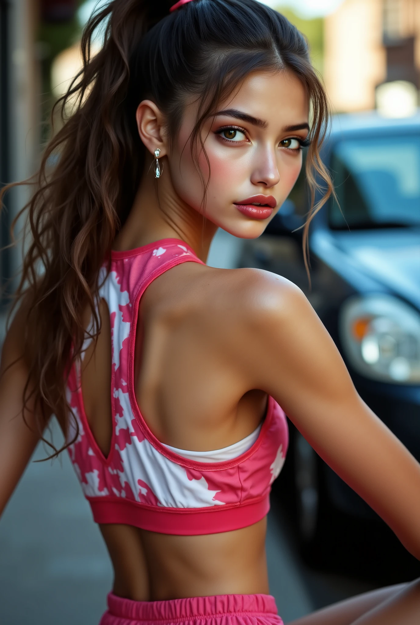  Divide Ratio : 1,1,1 Base Ratio: portrait,perfect dynamic composition:1.2,{[beauty(mixed girl)(madison ivy:0.5)(jessica alba:0.3)(Ariana Grande:0.3) in (Intricately detailed photo of a((22-year-old)))]},((photorealistic)),((Hyper realistic)),((sharp focus)),(highest resolution),(the most absurd quality),(masterpiece),((natural, soft lighting during the day)),fashion supermodel,((best high quality real texture skin)),(Highly quality texture hair),((curly hair(((slicked to the two side)))Intricately detailed:1.44)),(perfect proportions),(anatomically correct),((perfect female body)),((firm normal breasts:1.3)),slim face,beautiful cheekbones,(Super beautiful face),(realistic face),(highly detailed face),absurd art,(realistic eyes),perfect round eyes,finely detailed pupils,(brown_eyes:1.28),BREAK,detailed lips:1.3,pink_makeup:1.3,long_blue_eyeliner:1.2,(red_lipstick:1.32),perfect dark_eyeshadows:1.35,(Detailed nose),small head:1.4,full bodyesbian,dark shot:1.2,((Intricately detailed sports crop top:1.3)),look at the viewer,((city),walking),On the street,((Earrings)),(((front view,full body shot:1.5)))
