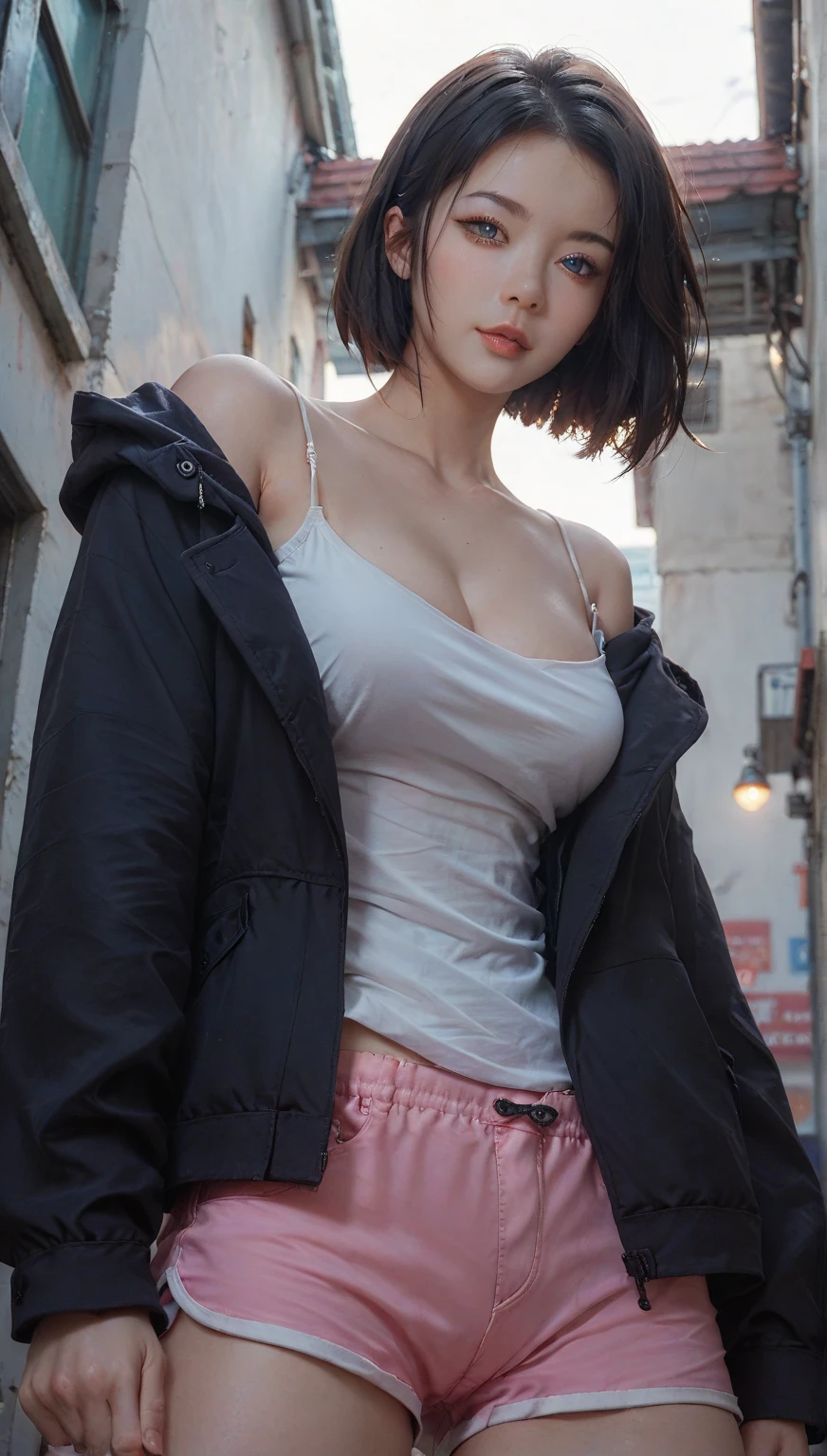 tmasterpiece,Best quality at best,high qulity,extremely detailed nipple,Korean girl,short detailed hair,wears glasses,White bandeau,(Leaky big breasts),Pink open blazer,(Open navel)Short black suit skirt,white short socks,athletic sneakers