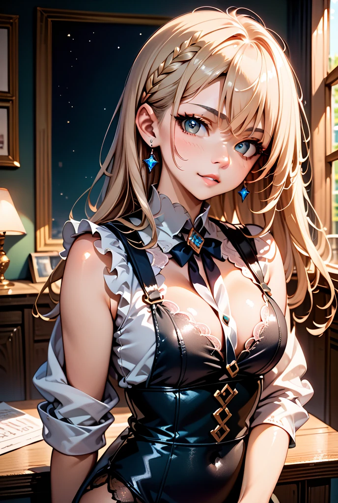 masterpiece, Superior image quality, High resolution, 4k image,photo and gross, photorealistic, whole body, 1 15 year old girl, standing, stretching up, arms raised up, view from behind, perfect ass, {{{vagina}}}, beautiful face, long blonde hair, blue eyes, very detailed eyes, seductive expression, draw smile, choker:1.6, (white collar button down long sleeve shirt), black gloves, gloves that cover hands, (black leather corset), (shiny black leggings), Sensual Lips, show details in the eyes, looking at the viewer, Elegant living room, at night