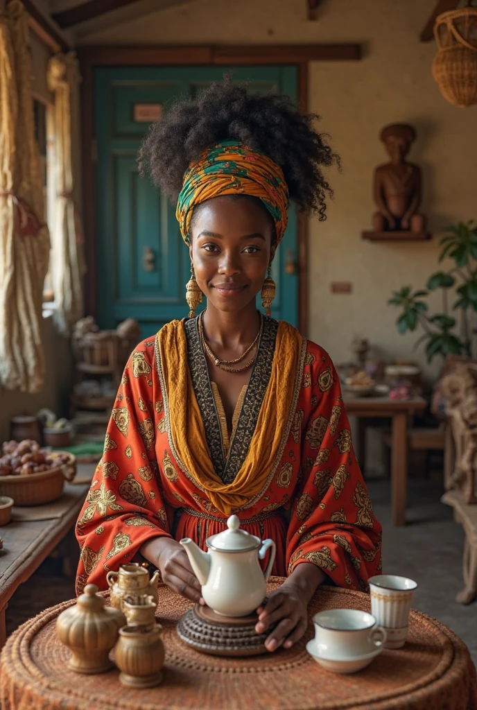 Generate a beautiful Ethiopian programmer girl with long combed hair on her back and wearing a full Red long skirt. Add a few more details to the scene, such as a cup of traditional Ethiopian coffee or a small Ethiopian snack on the desk, to make it more culturally authentic. And write this text in the background "Code with Bezi"