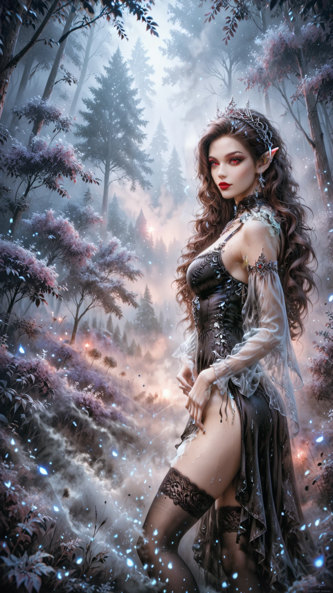 realistic image, high quality, realism, фотоrealism, perfect anatomy; naked Charlize Theron in a field surrounded by forest; posing game; makeup, lipstick, brunette with long straight hair, glowing eyes, red eyes, pointed ears, A translucent black dress, black stockings; gothic setting, fog, Night; Medium view, knee view , side view;