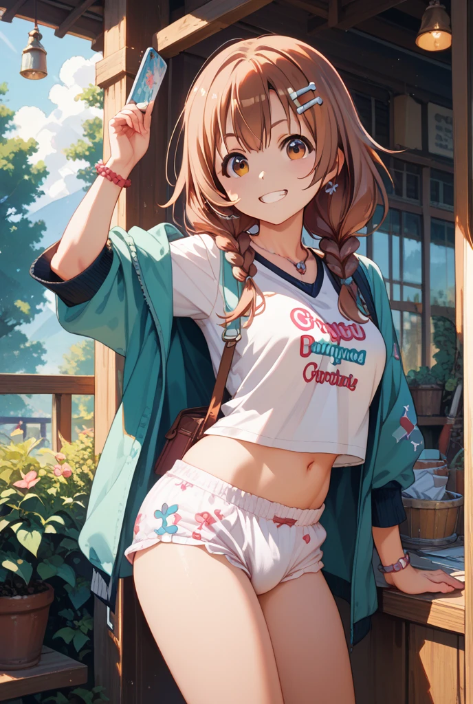 table top、highest quality、High resolution、1 girl、solo、short height、thin legs、belly button、smile、big 、dark brown hair、bun hair、blue eyes、long twin tails、visor cap、pink ribbon、shirt、(Lower body naked、Detailed pubic hair、dark pubic hair)、clock、white bedroom、A photo of the subject taken from below、(changing clothes、slouch、taking off one's jacket)