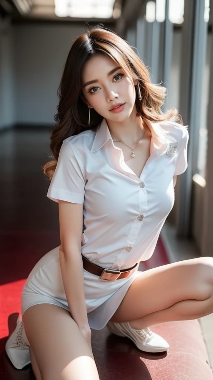 best quality, 8K, HDR, high resolution, full body photo Close-up photo of shin, blurred background, Bokeh:1.2, photography, (RAW image:1.2), (realistically: 1.4 ), (Masterpiece:1.3), (complicated details:1.2), 1 girl, single, Delicate, beautiful, (Detailed eye), (Detailed pages), hair in one eye, purple eyes, Blonde hair, Bob, Side bangs, sitting, sharp eyeliner. Blush eyeshadow, thick eyelashes, very Delicate and beautiful. , round chin, Round ring earrings 100 cm., Sharp eyes, choker, Heart shaped necklace (Symmetrical eyes)(Perfectly symmetrical figure) Photo of a 20-year-old girl, very beautiful, charming, with contemporary fashion drawings as well...... , look at people, Flat stomach, (((Perfect breasts))), tight, (looking_at_viewer), from the front, (thin), (best quality: 1.4), (special high resolution: 1.2), movie studio lights, (Very detailed illustrations), (lip gloss, best quality, special high resolution, Depth of field, wide exposure, natural shading, 85 mm. f/1.4, ISO 200, 1/ 160 seconds:0.75), Belt 3.5 cm., sitting on reading table Lift one left leg on tiptoe. Allow your right leg to open freely at eye level. wearing engineering boots Dynamic pose, smile white short-sleeved shirt Unbutton the top half of the chest. Show a little breast Black mini skirt with slit in front of the legs)) Open chest.
