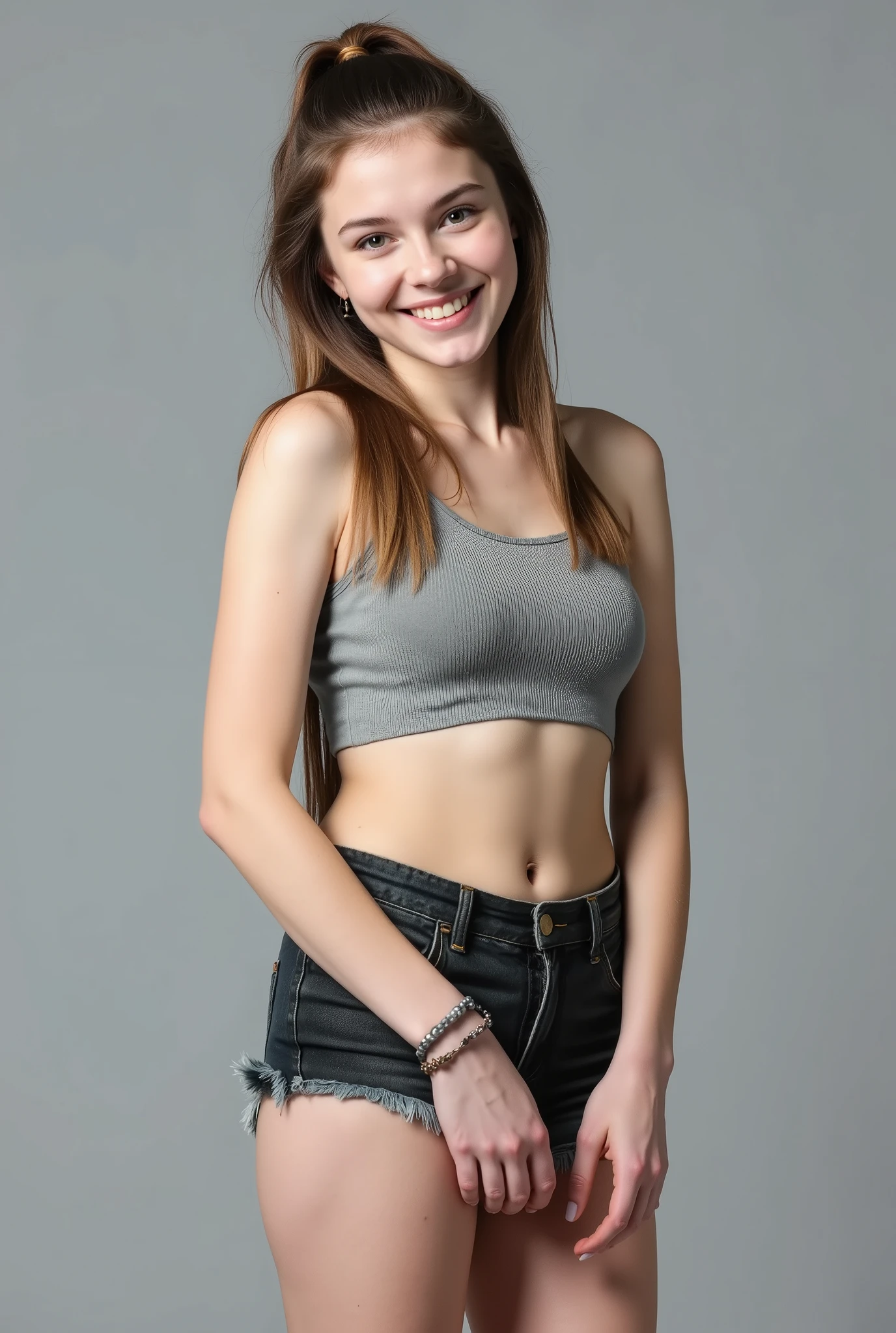 Very realistic photo of a high school pale Czech 19 year old  girl. grey background, thick thighs, crop top and shorts,. petite but pear shape, thick thighs. D cup. Very realistic. straight hair, brown eyes. Ponytail. Smiling. Typical gen Z clothing, kind of groovy grunge aesthetic. About 5,2 in height.