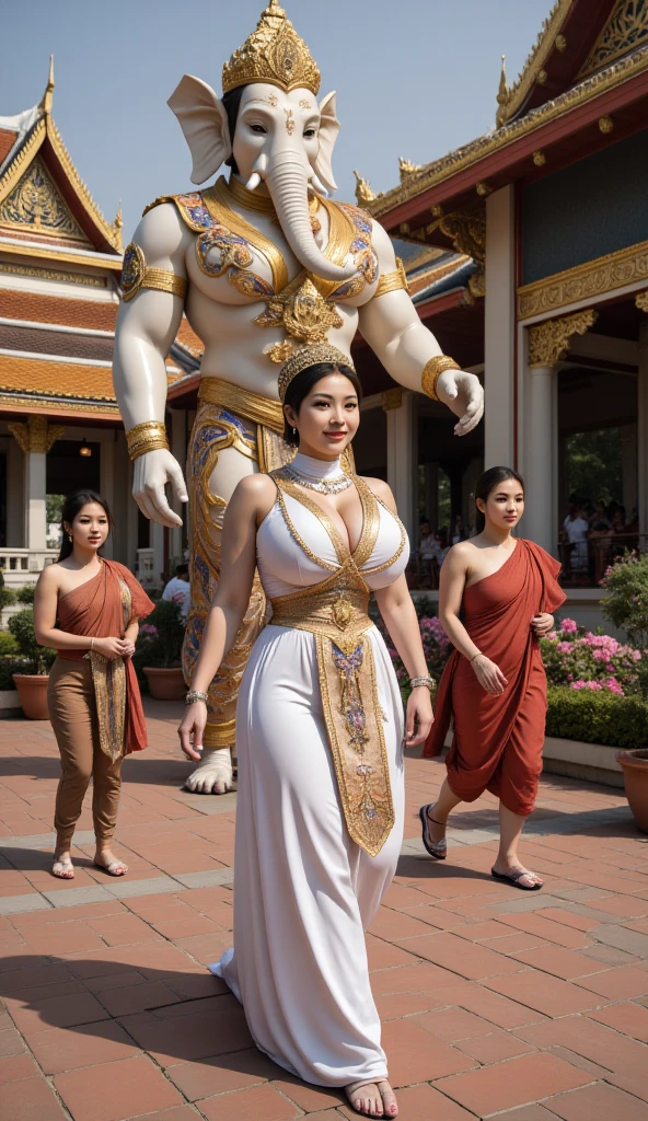 (thai woman),((highponytail)),(forehead),(Swimsuit with ethnic costume decorations:1.5),(enormous breasts:1.5),(Fantastic World:1.7),(Meadows and ponds:1.6), (Fictitious eastern-style and huge stone statues:1.3),big smile, (cowboy shot:1.4),8k, UHD,