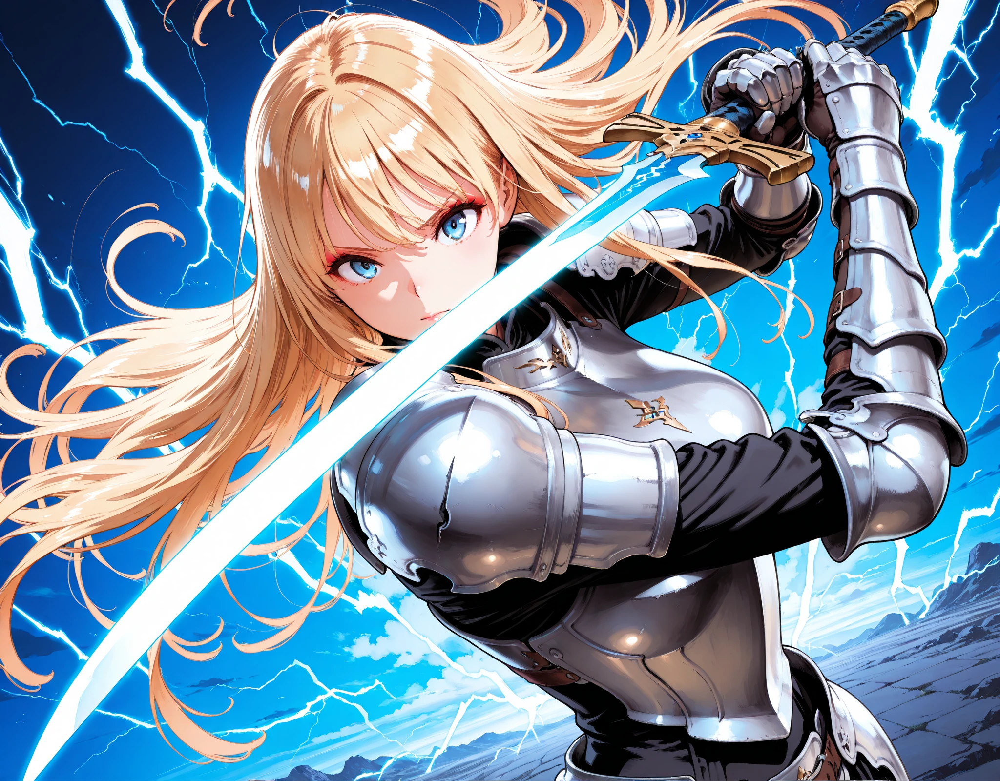 ((Highest quality)), ((masterpiece)), (detailed), (Perfect Face)、The woman is Tiare, a female knight with green eyes, medium-long blonde hair, wearing armor and holding a sword.