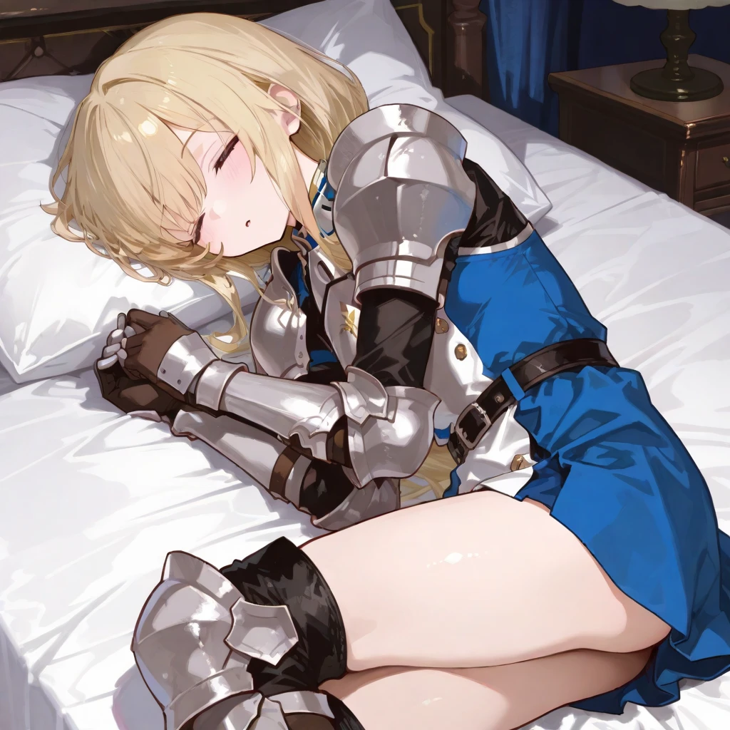 LeinaQuiron woman, breasts, blush, blue eyes, blonde hair, large breasts, cleavage, braid, hairband, armor, twin braids, side braid, short hair with long locks, buckle, shield BREAK (masterpiece, best quality:1.3), 4k, ultra-detailed, trending in pixiv, detailed background, detailed eyes, BREAK (on bed:1.4), BREAK (pov, upper body, on side, lying on bed, happy smile, blush, closed mouth:1.3), (contrast, light particles:1.2), (shiny skin:1.3)