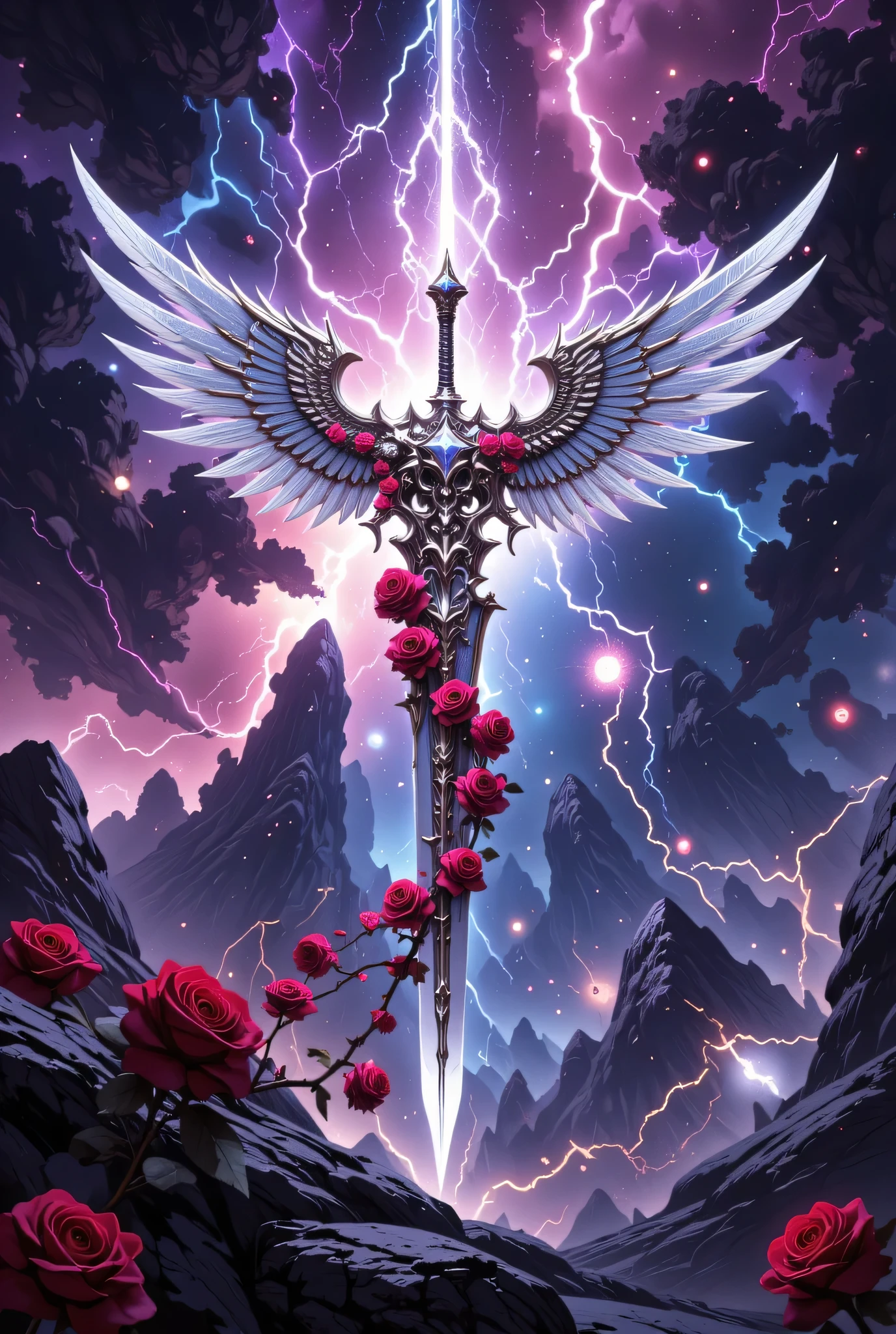 an epic sword with a angelic wings entwined on the blade, a magnificent silver shinning sword, radiant sword, with a diamonds in the hilt, there is a red rose vine entwined along the blade, high details, best quality, 16k, (ultra detailed: 1.5), masterpiece, best quality, (extremely detailed), RAW, dnd art, fantasy art, dynamic fantasy background, invert colors Celestial Fantasy, zavy-ctcmcs, hyp3rd3tail style, Celestial Fantasy, zavy-dtlnm, detailed retro anime