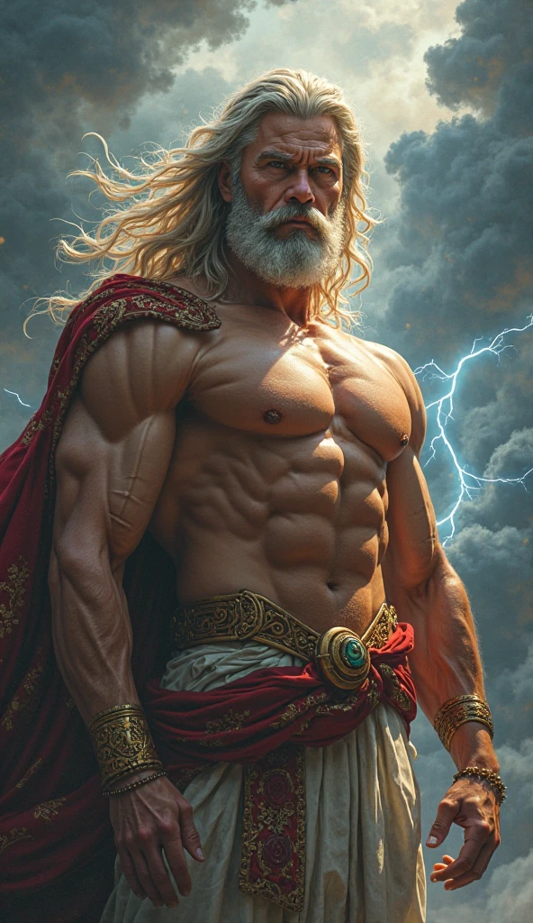 painted portrait of stout zeus, god of thunder, greek god, blond hair, male, mature, handsome, upper body, muscular, hairy torso, fantasy, intricate, elegant, highly detailed, digital painting, art station, concept art, soft, sharp focus, illustration, art by Gaston Bussiere and Alphonse Mucha