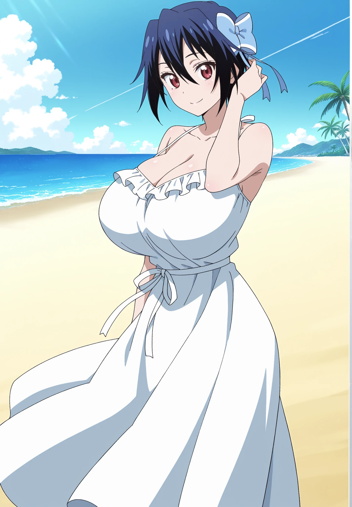 (WALLPAPER, (hinata\(boruto\), masterpiece, 4k, vector coloring, whole body shot, contrast lighting, mature female, milf, (curvy:0.8), solo, anime style, sharp focus, professional artwork, intricate details, detailed beach background, colorful, vibrant colors, vivid colors, digital blending, ultra detailed body, ultra detail hair, ultra detail face, trending on pixiv, very hot colors, sunny day, outdoor, detailed bold arm lines, high color saturation, bold lines, bold drawing lines),
(standing, open mouth, kind smile, extremely happy, goodbye),
((dark blue hair color:1.1), wavy hair, ((short hair, hime cut)),
(perfect eyes, white sciera, white eyes, anime eyes, smoky eyeliner, eyeshadow)
(white skin, slender body, milf, navel, groin, flat belly, perfect face, perfect thighs),
(Thighs, legs, big breasts, perky boobs, off-shoulders, (groin, detailed shoulders),
(bare chest, bare shoulders, bare hands, bare legs),
(all cloth is white, white dress, wedding veil, white flower wedding tiara, gold necklace)