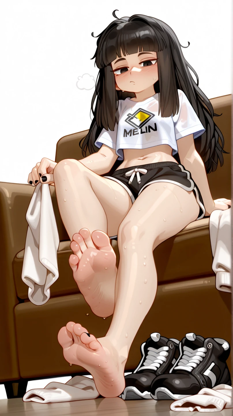 masterpiece, best quality, 1girl, sitting, feet up, soles, black hair, (steam:1.5), sweat, arms up, detailed armpits, (gym uniform, sunset), solo, blush, looking at viewer,