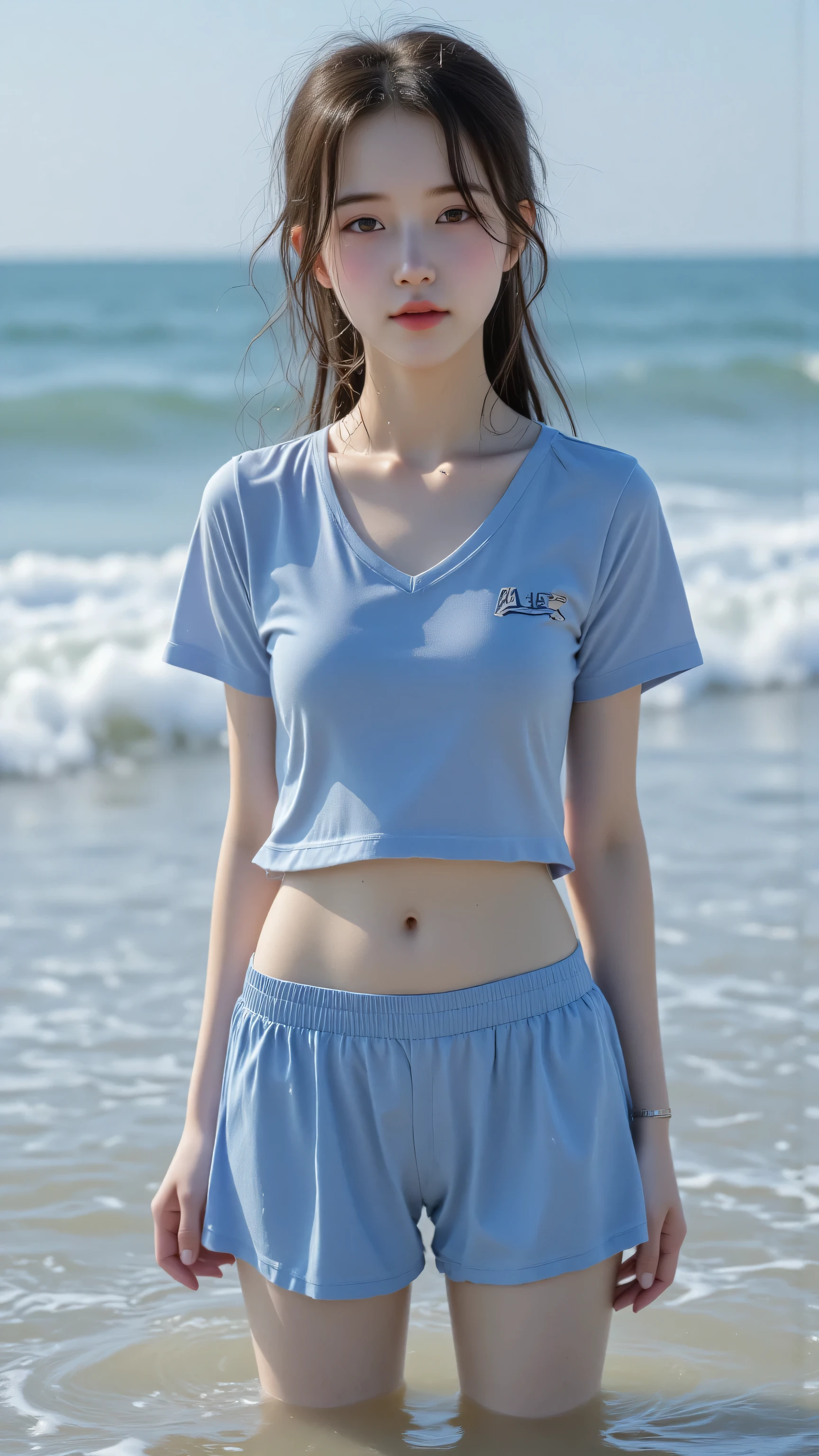 Best quality，Ultra-high resolution，（lifelike：1.4），Cute hairpin，2girll，Long curly hair，jk，Blush，Slim beauty：1.4，Visible abdominal muscles，on the beach，Ultra-fine face，Exquisite eyes，Double eyelids，necklace
