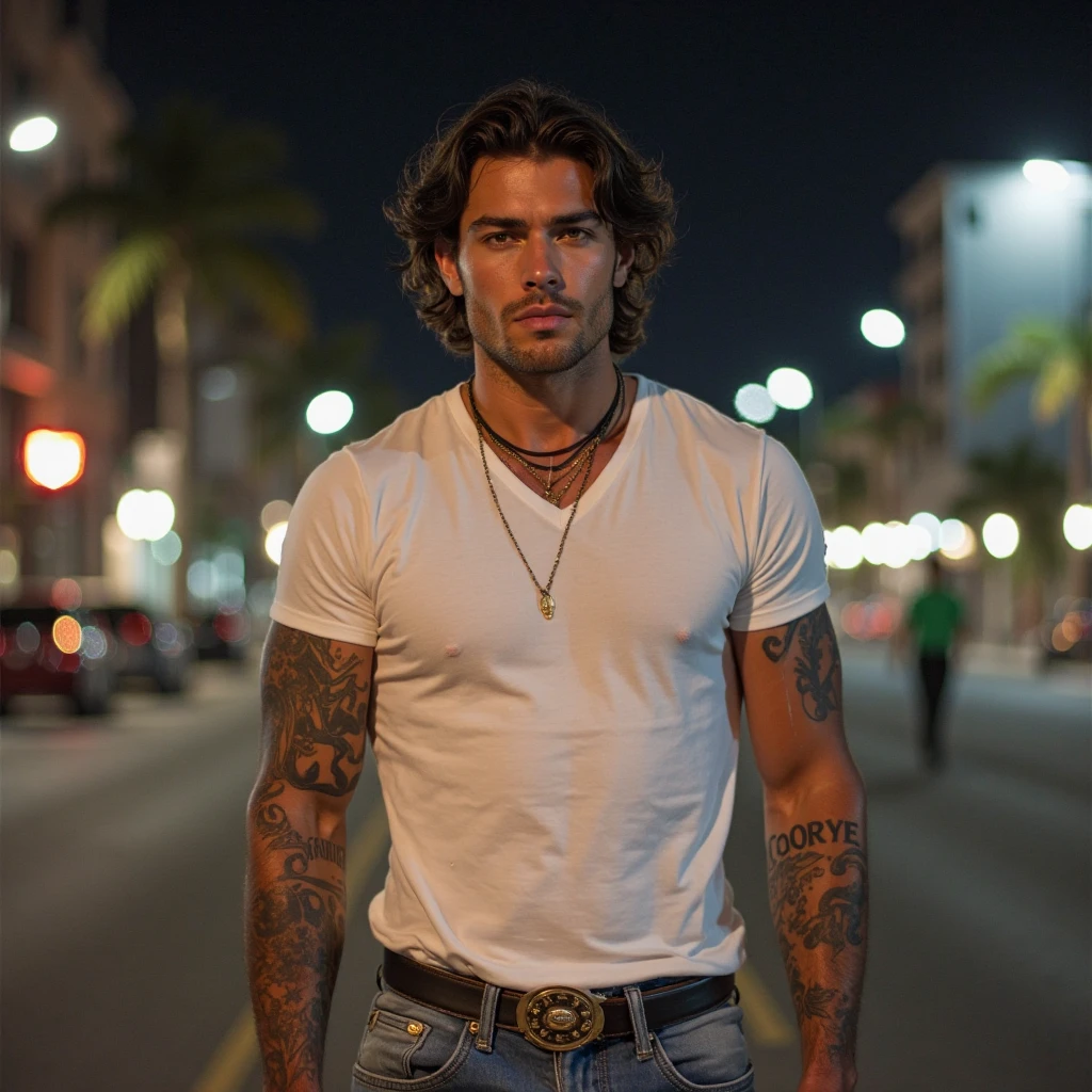 Man with brown eyes, blue eyes, dark skin in front of a lowrider car in California