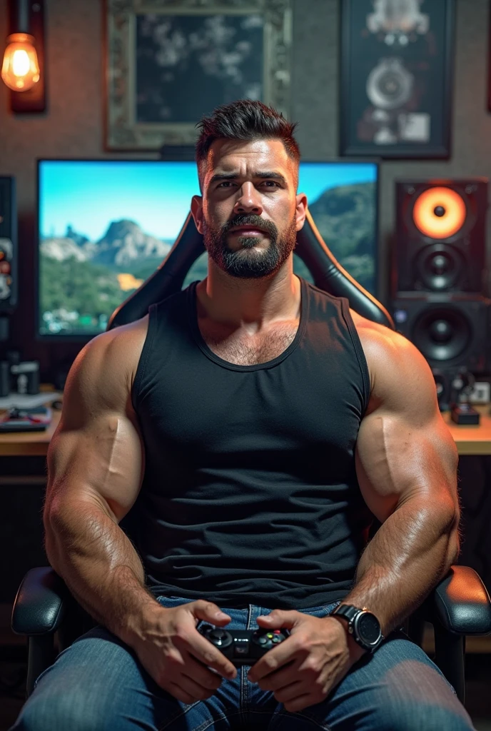 crew cut, (((full body))), (((landscape))), mature man, [slightly fat], asian man, rounded face, brown eyes, ((rounded face)), glasses, balding, 1boy, Solo, (big shoulders), musculature, (((stubbles, Short beard))), playing musical instrument, in a recording room,