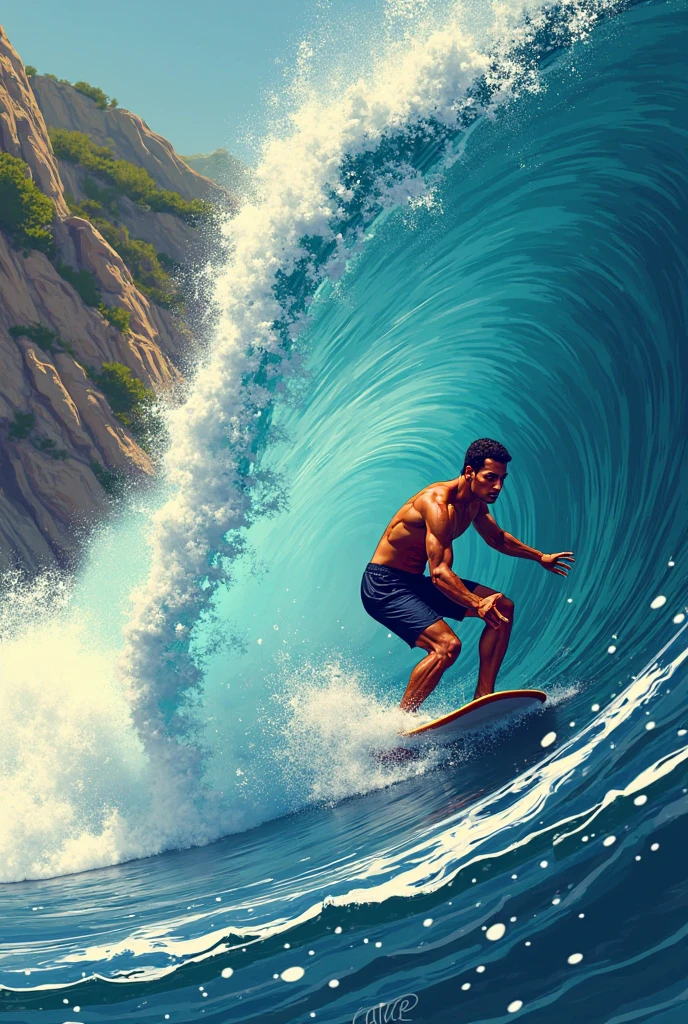 strong surfer escaping from dangerous wave on stormy day, 4k, cartoon