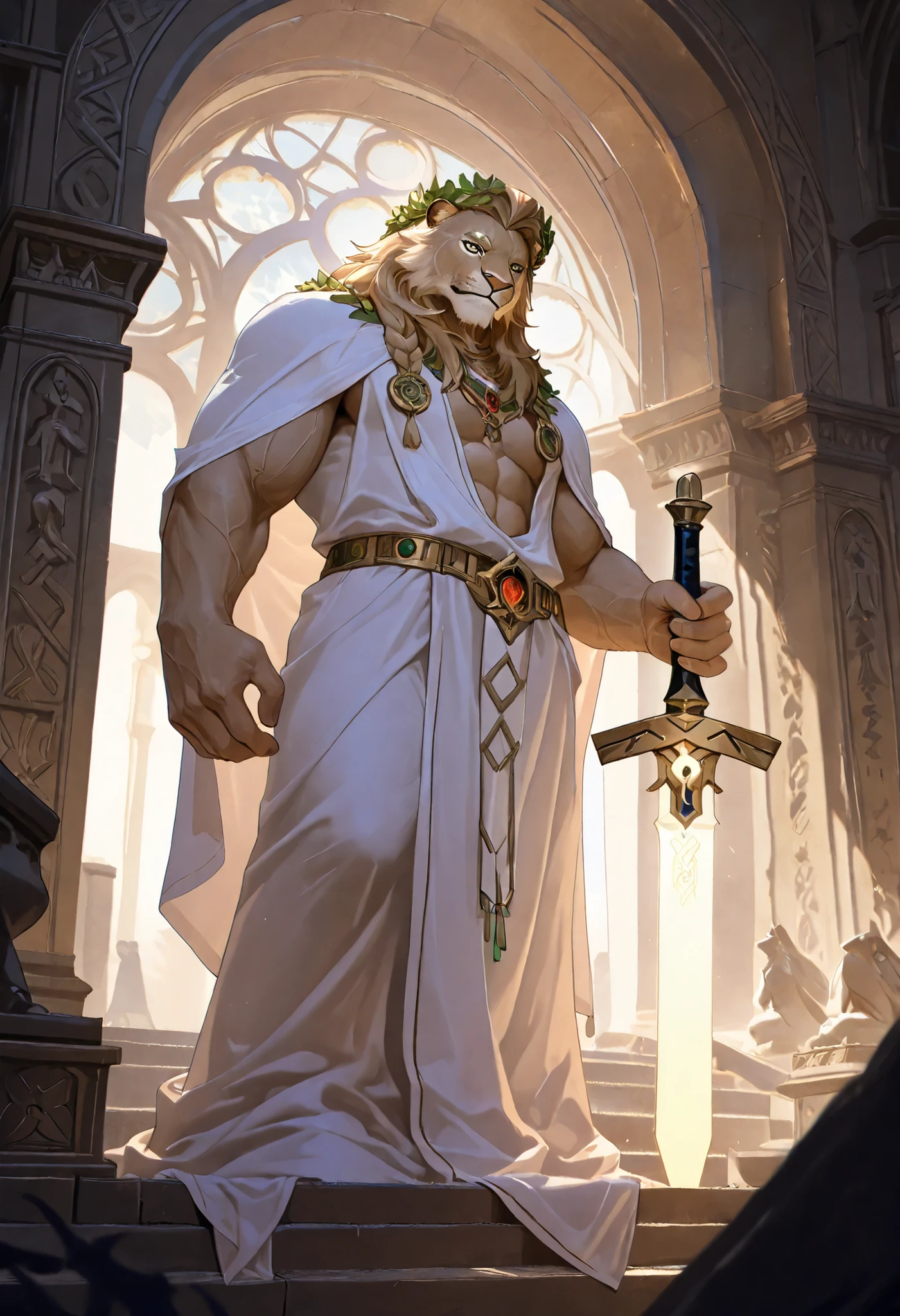 Best quality, masterpiece,ultra high res,detailed background,realistic, real shadow and light,depth of field, looking at the viewer, strong arm and veins, there is a male Lion, (Lion), commission for high res, bare chest, anthropomorphic, muscular chest, highly detailed body, strong and imposing, detailed body, muscular character, extra detailed body, body detailed, (looking at viewer), wearing white robe, erection, Laurel wreath, White cloth, white robe, See through cloth, Goddess statue, Located in the temple of the gods, Excalibur, Light Sword, Large Sword on hands.