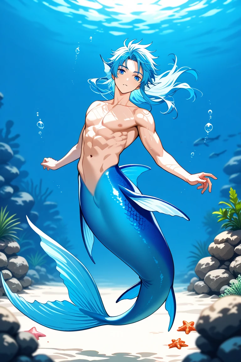 10 year old male mermaid、merman、naked、belly button、Short Hair、sink waist-deep in quicksand、Unable to move、turn your back、Blue Scales、Sweat、Troubled face、A large depiction of the upper body from a close distance、Marshland、Ultra HD