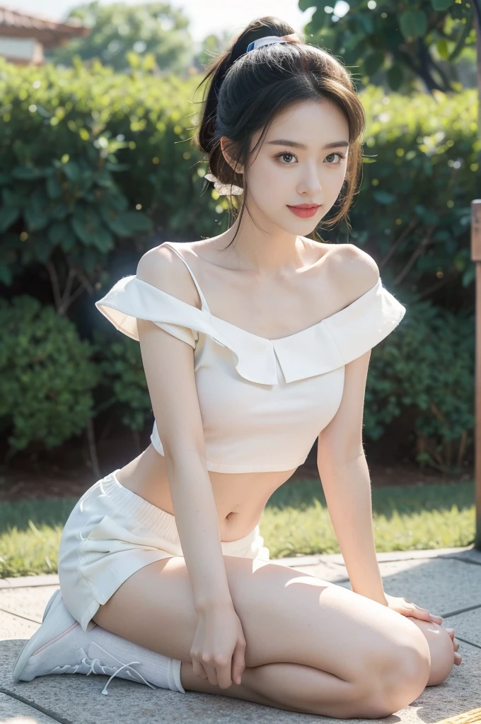 absurdres, RAW photo, extremely delicate and beautiful, masterpiece, Best Quality, ultra high resolution, 32k, hyperrealistic, ultra-detailed, perfect figure, Perfect Style, Perfect balance, in her 20s, very small head, very small face, delicate facial features, tearful mole, earring, very huge round breasts, full body shot, whole legs, short medium hair, wavy hair, outdoor, blouse, bare collarbone, skirt, straw hat,